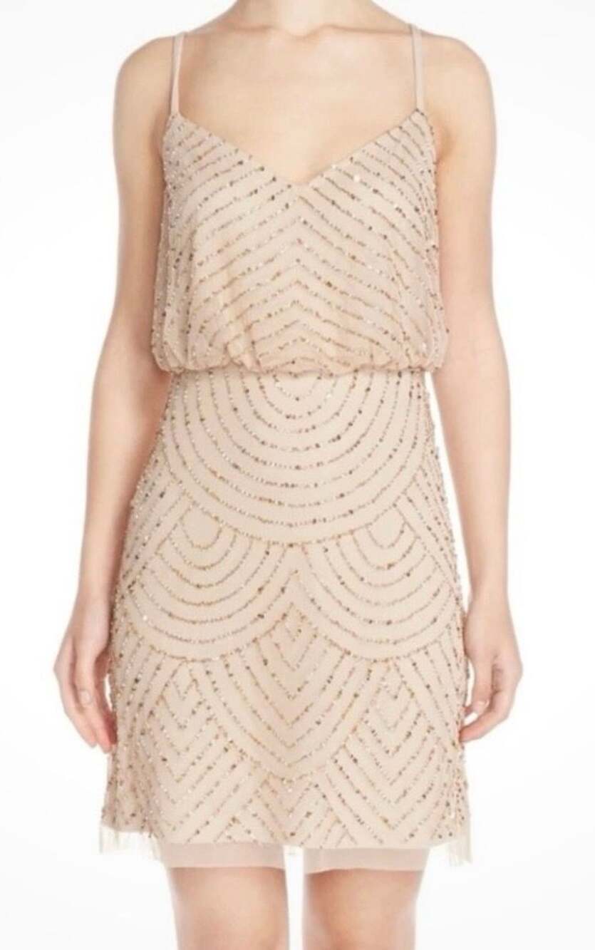 Adrianna Papell Beaded Blouson Dress Size 8 Blush Gold Art Deco